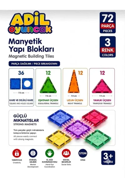 MANYETIK YAPI BLOKLARI – ÇOCUKLAR İÇIN RENKLI 3 BOYUTLU 72 PARÇA MANYETIK KARO OYUN SETI